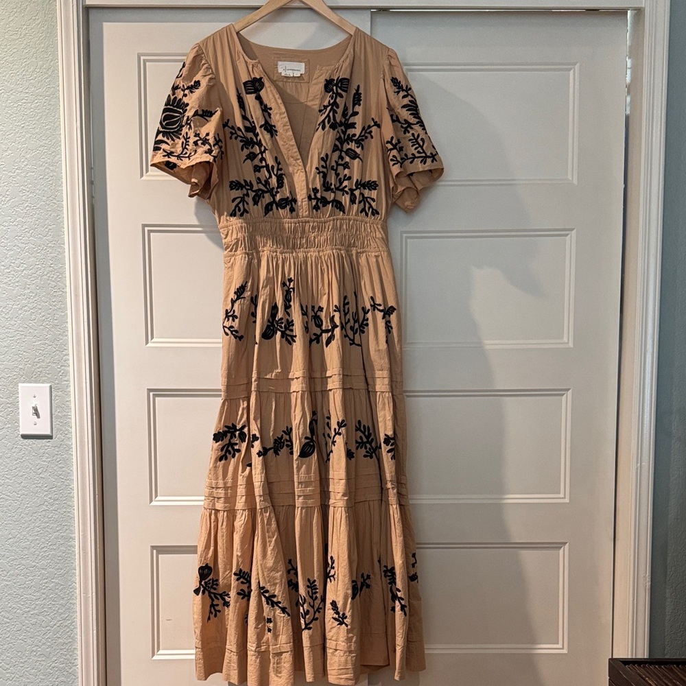 Anthropologie Tan Maxi Dress with Black Embroidery